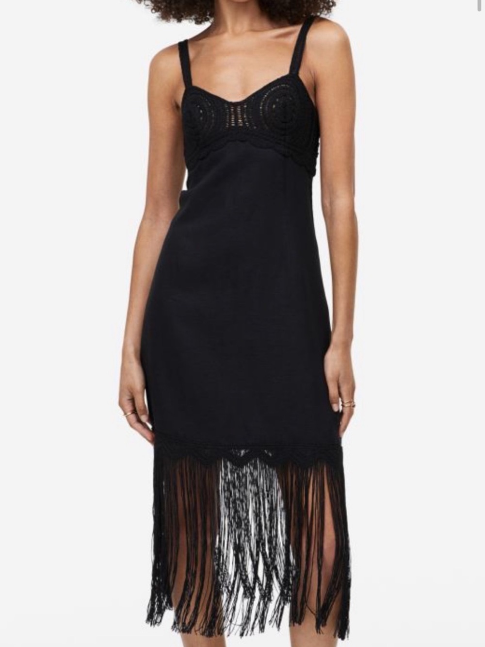 Black Fringe Dress with Crochet Bodice